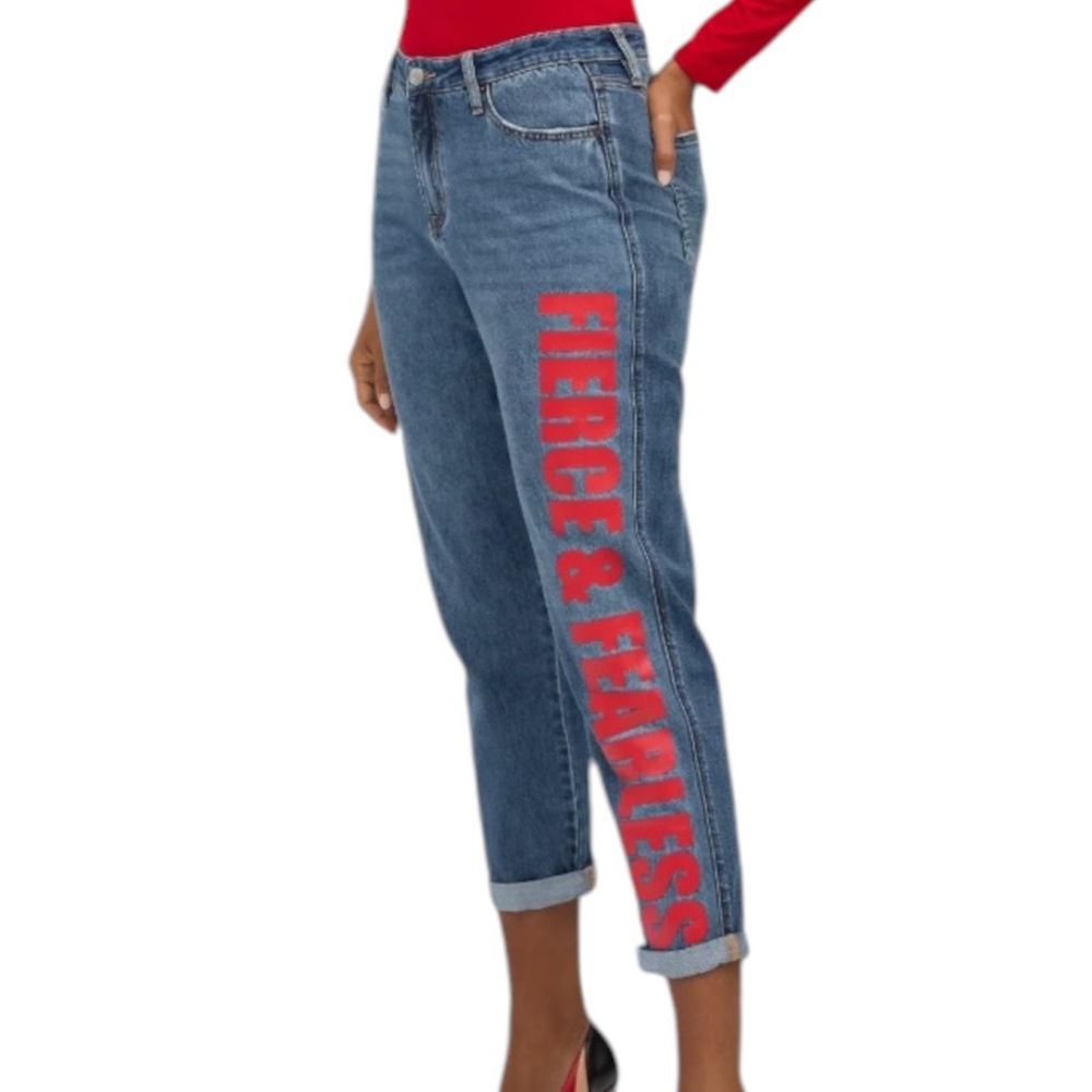 NY&C Jeans Women’s Curvy Boyfriend Denim Jean Graphic Fierce & Fearless Size 4